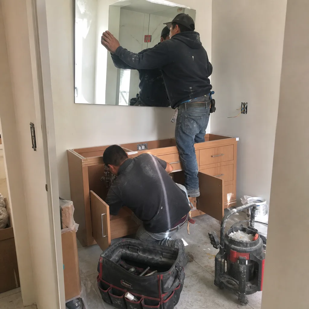 Two construction workers installing a bathroom vanity and mirror.
