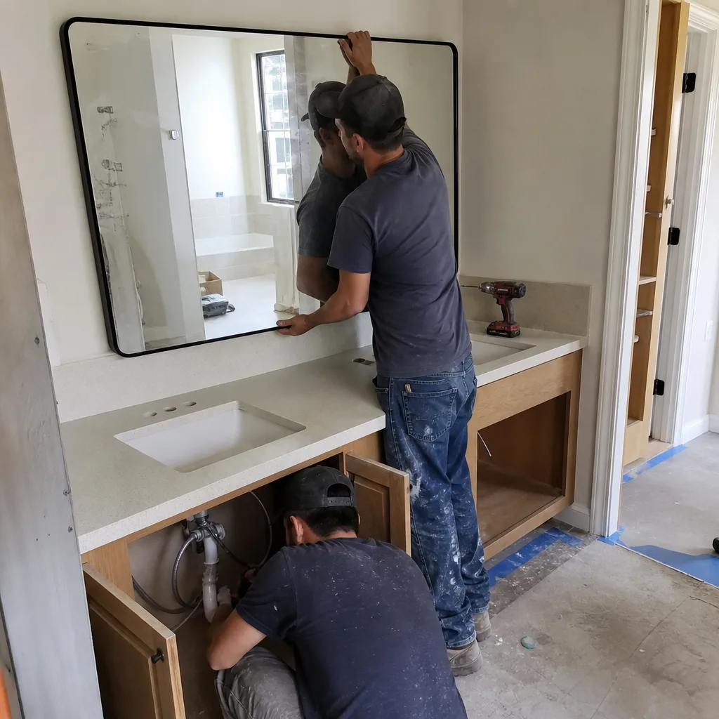 Professional contractors working on a modern bathroom remodeling and vanity installation.