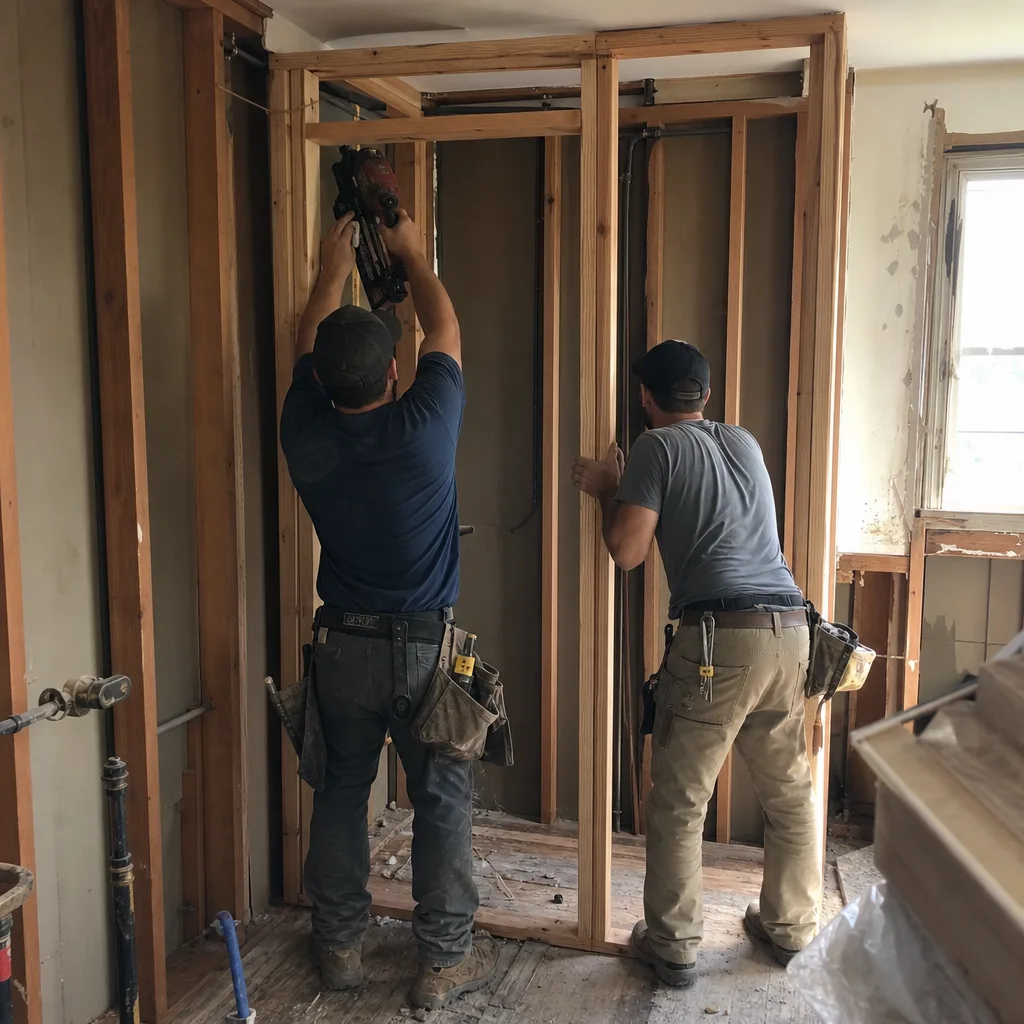 Two construction workers framing a wall for a bathroom remodel.