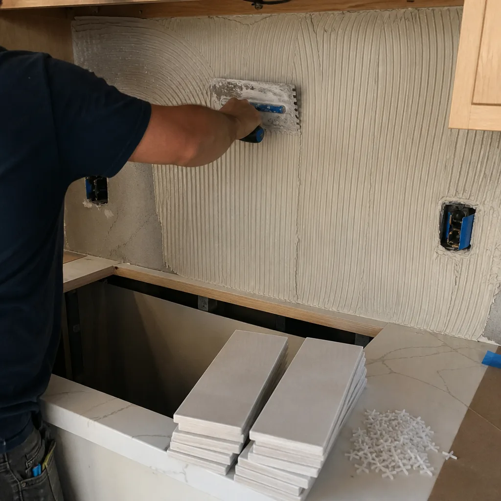 Contractor applying mortar for kitchen backsplash tile installation