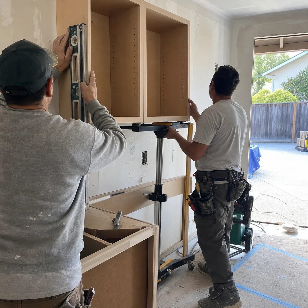 Two contractors installing wooden wall cabinets during a kitchen renovation project