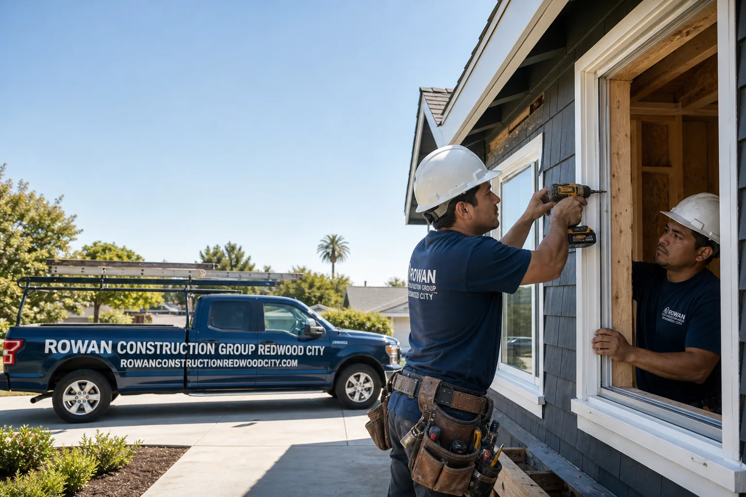 Rowan Construction Group Redwood City construction service vehicle and crew in Redwood City, CA